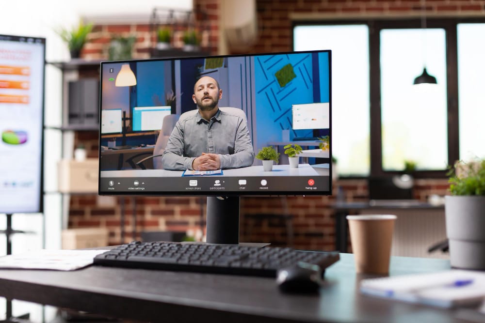 Produtor de vídeo: Formação, salário e mercado de trabalho 2 close up video call conversation with colleague monitor empty business office remote video conference computer have online teleconference meeting with man workspace